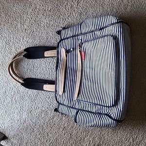 SKIP HOP 14 Pocket Diaper Bag Black and White Stripes Tan Leather Like NEW